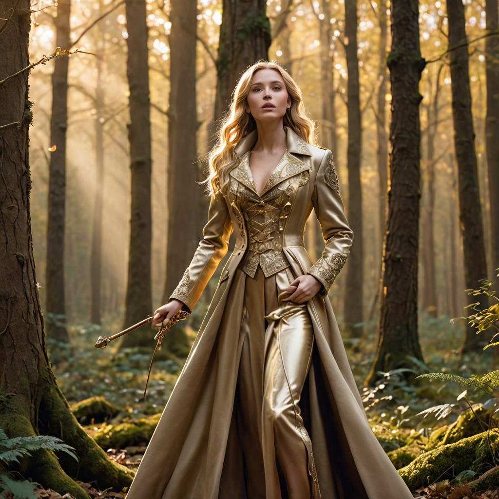 a warrior princess in a tailored long coat, singing softly in an enchanted forest, soft golden glow, detailed — image 11