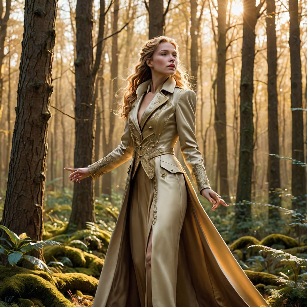 a warrior princess in a tailored long coat, singing softly in an enchanted forest, soft golden glow, detailed — image 12