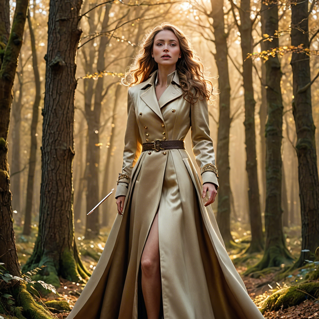 a warrior princess in a tailored long coat, singing softly in an enchanted forest, soft golden glow, detailed — image 13