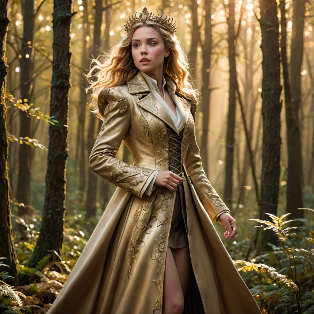 a warrior princess in a tailored long coat, singing softly in an enchanted forest, soft golden glow, detailed — image 14