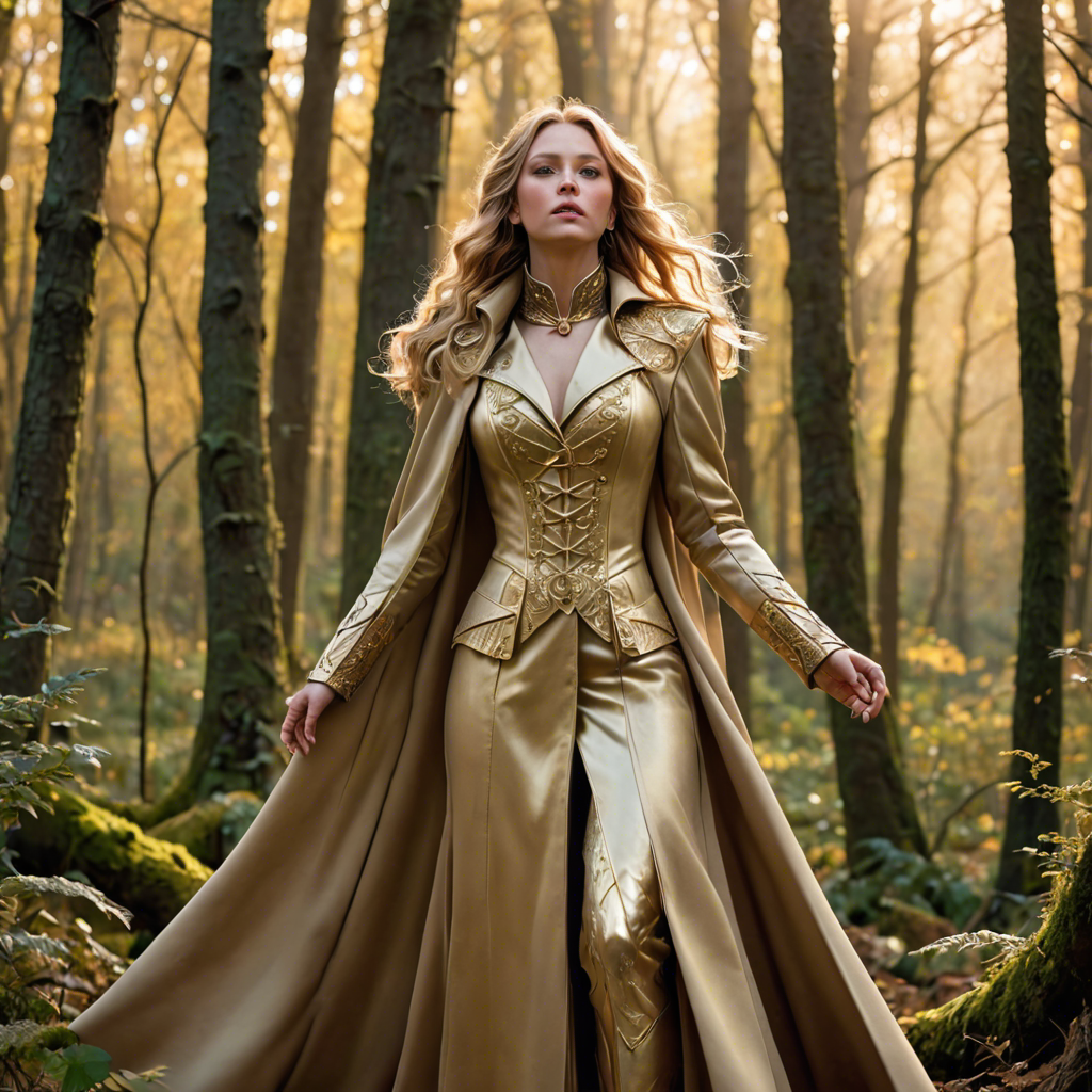 a warrior princess in a tailored long coat, singing softly in an enchanted forest, soft golden glow, detailed — image 15