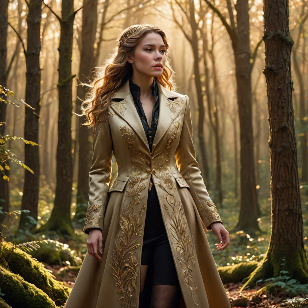 a warrior princess in a tailored long coat, singing softly in an enchanted forest, soft golden glow, detailed — image 16