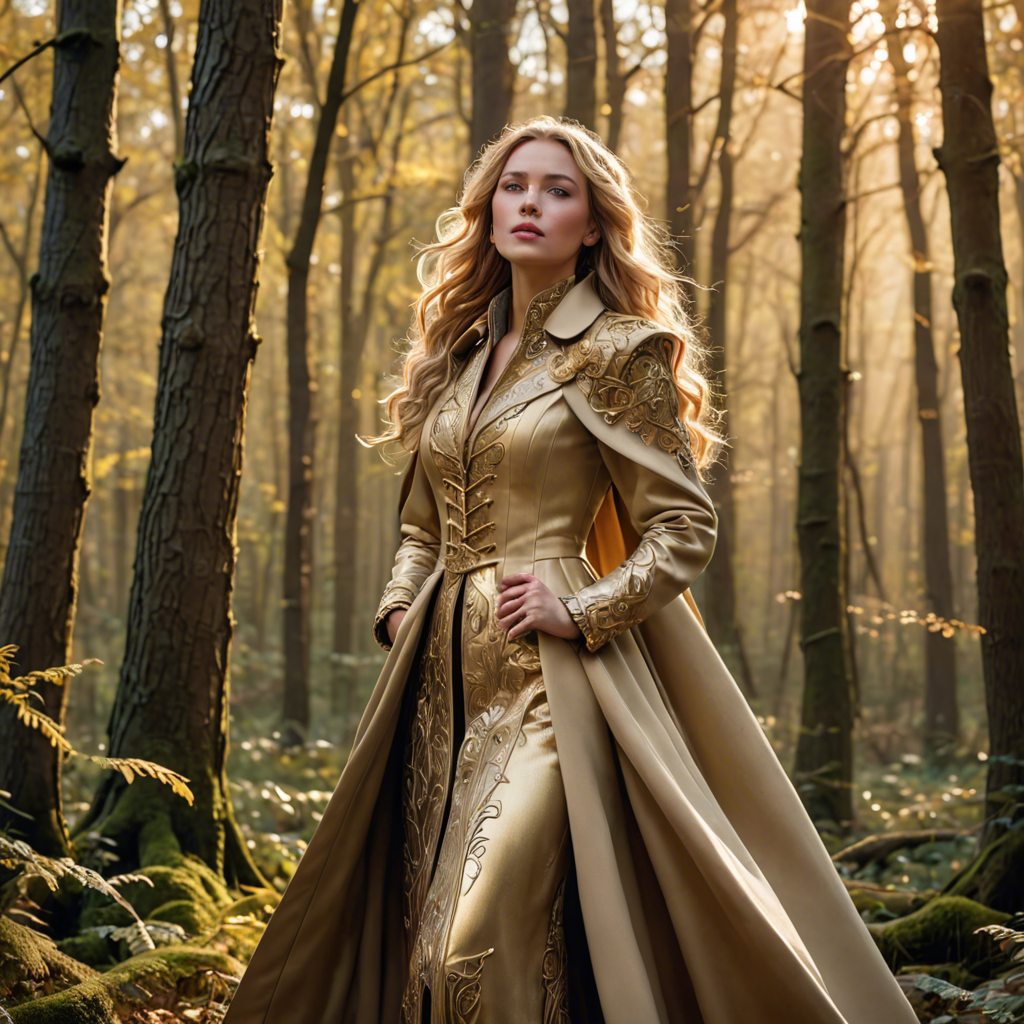 a warrior princess in a tailored long coat, singing softly in an enchanted forest, soft golden glow, detailed — image 17