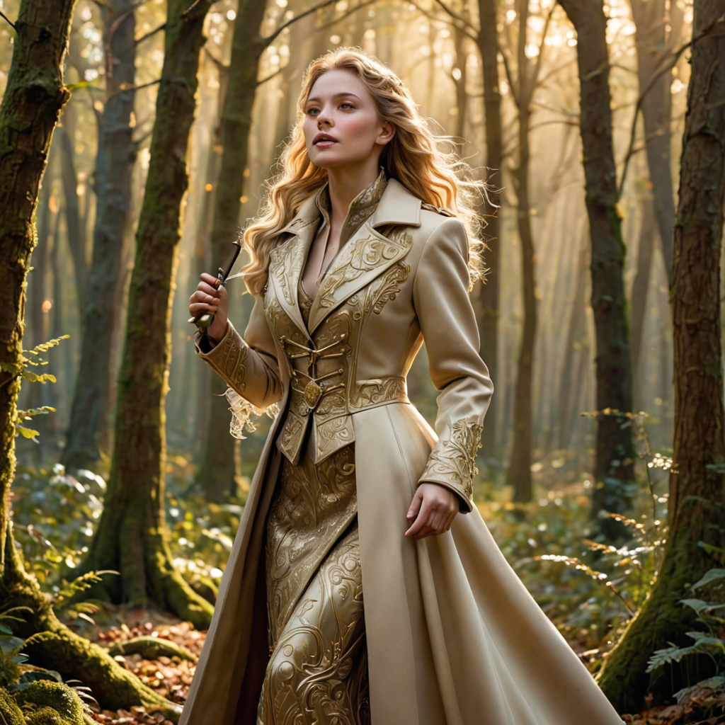 a warrior princess in a tailored long coat, singing softly in an enchanted forest, soft golden glow, detailed — image 18