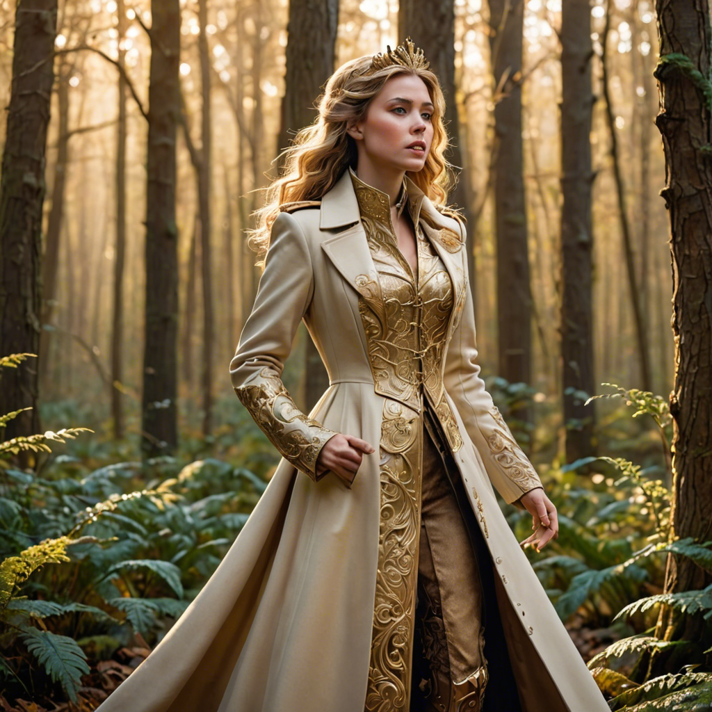 a warrior princess in a tailored long coat, singing softly in an enchanted forest, soft golden glow, detailed — image 19