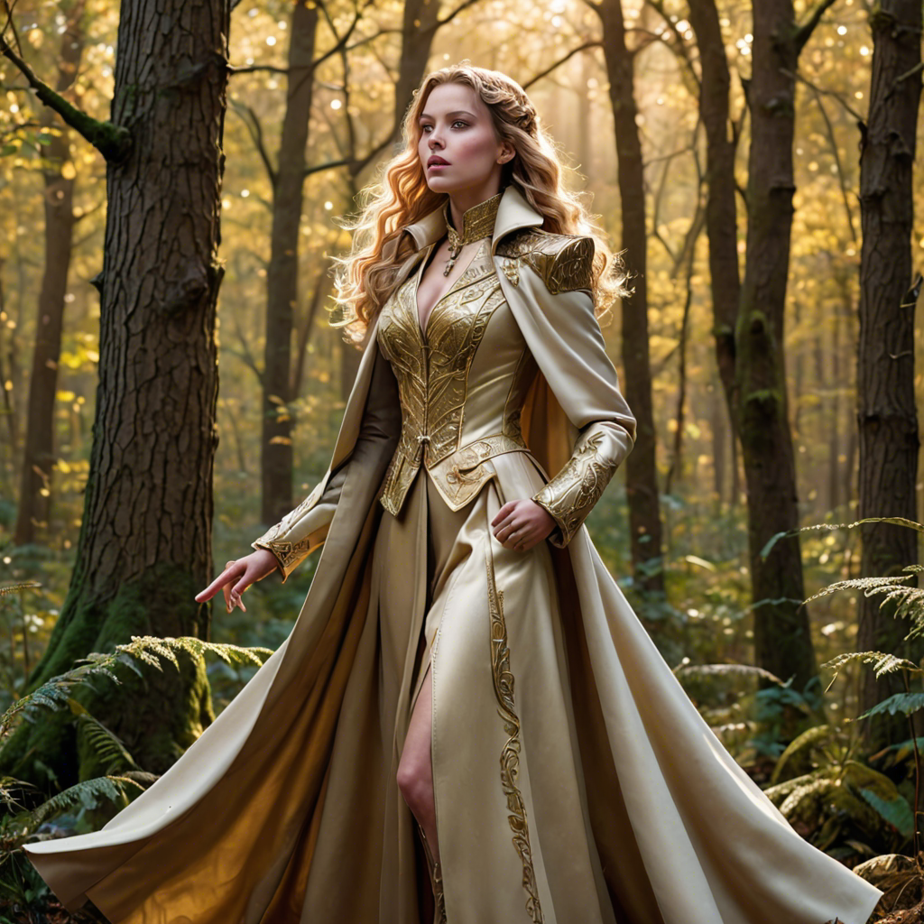a warrior princess in a tailored long coat, singing softly in an enchanted forest, soft golden glow, detailed — image 20