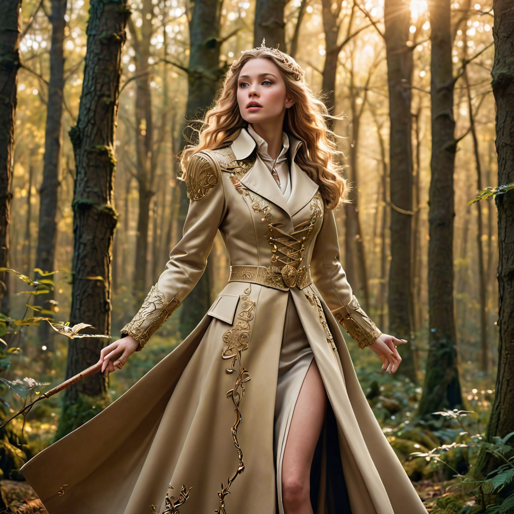 a warrior princess in a tailored long coat, singing softly in an enchanted forest, soft golden glow, detailed — image 21