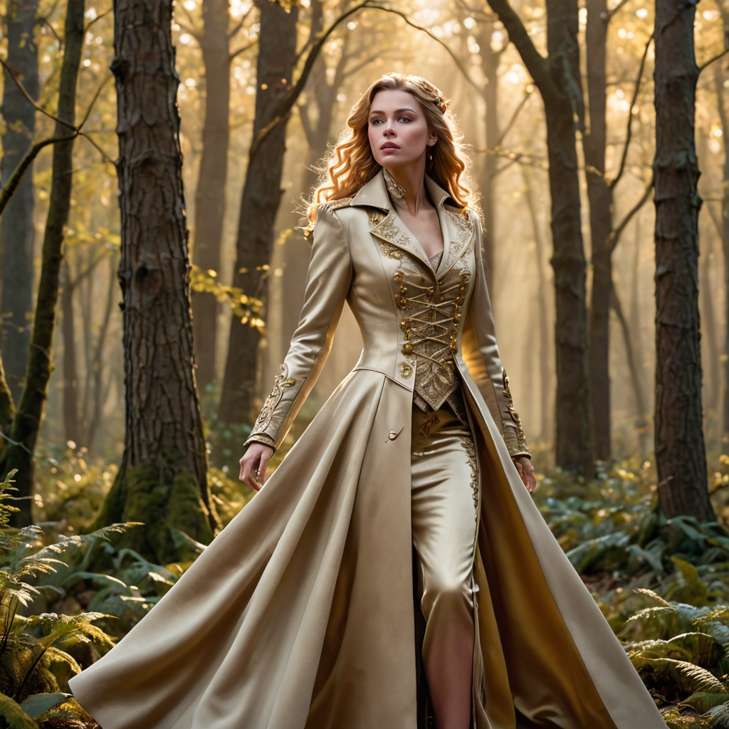 a warrior princess in a tailored long coat, singing softly in an enchanted forest, soft golden glow, detailed — image 22