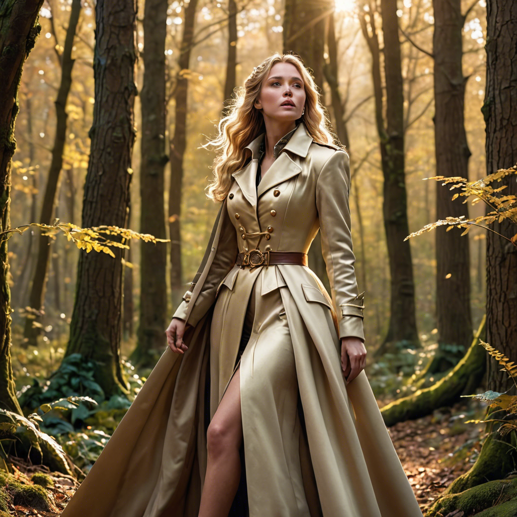 a warrior princess in a tailored long coat, singing softly in an enchanted forest, soft golden glow, detailed — image 23