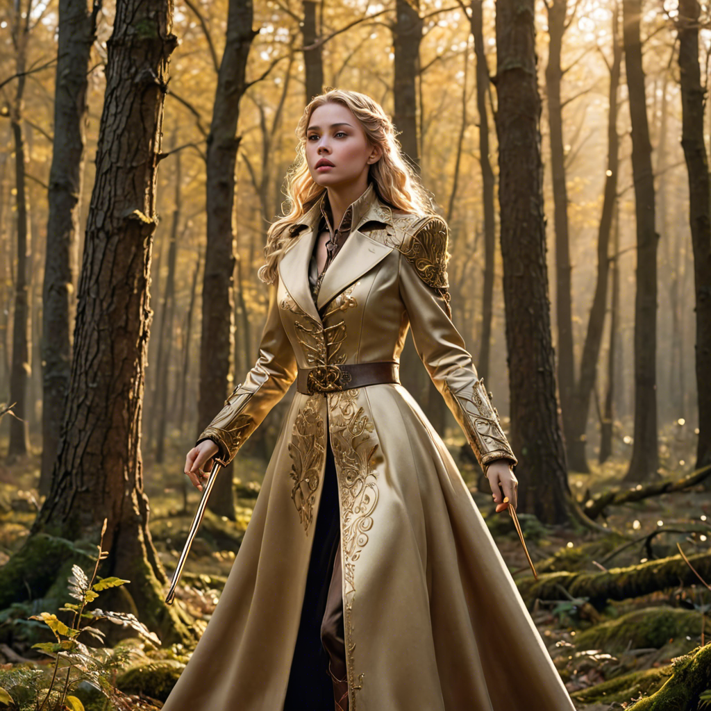 a warrior princess in a tailored long coat, singing softly in an enchanted forest, soft golden glow, detailed — image 25