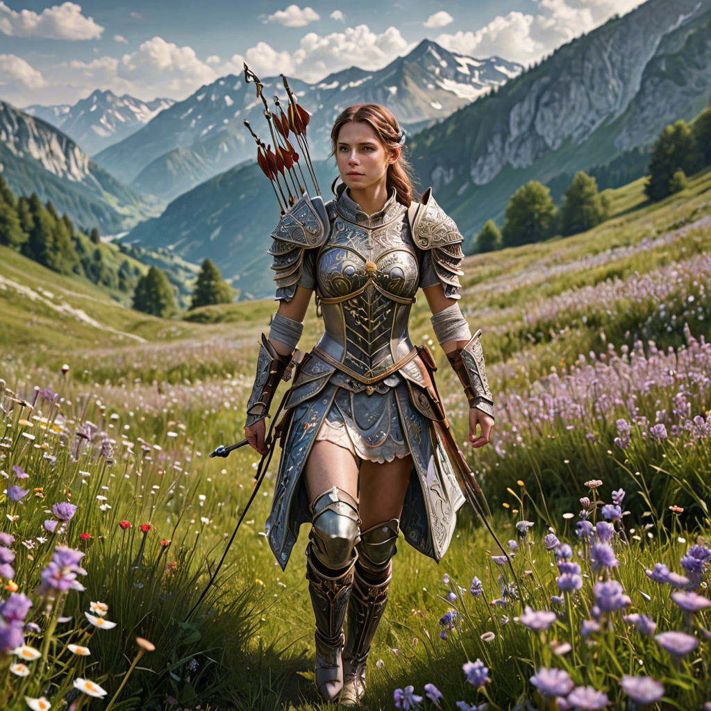 a woman archer in ornate fantasy armor, walking through a wildflower meadow in the alps, gentle morning mist, detailed — image 1