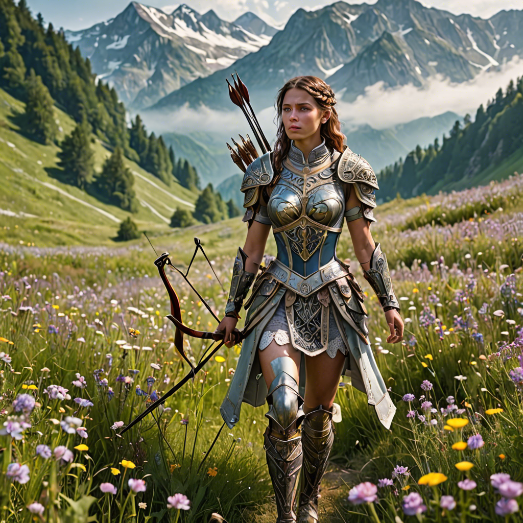 a woman archer in ornate fantasy armor, walking through a wildflower meadow in the alps, gentle morning mist, detailed — image 2