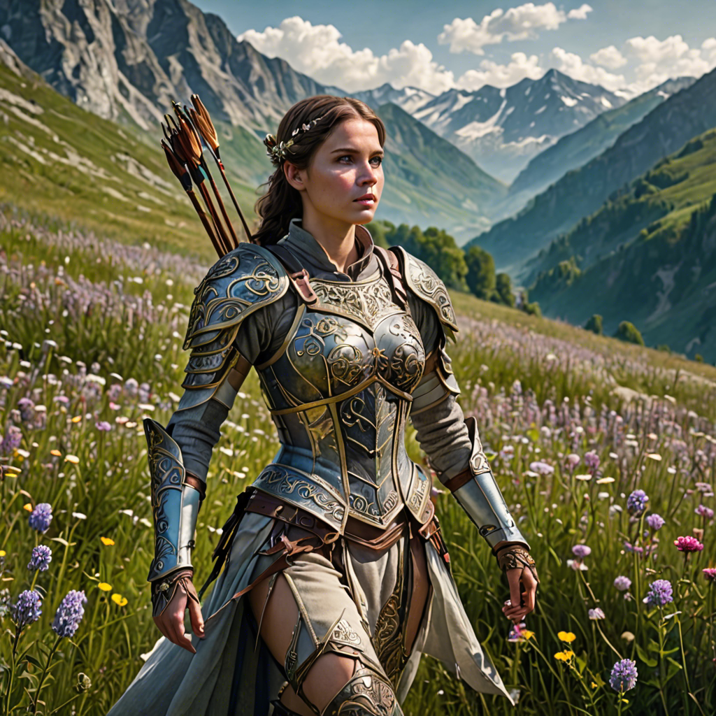 a woman archer in ornate fantasy armor, walking through a wildflower meadow in the alps, gentle morning mist, detailed — image 3