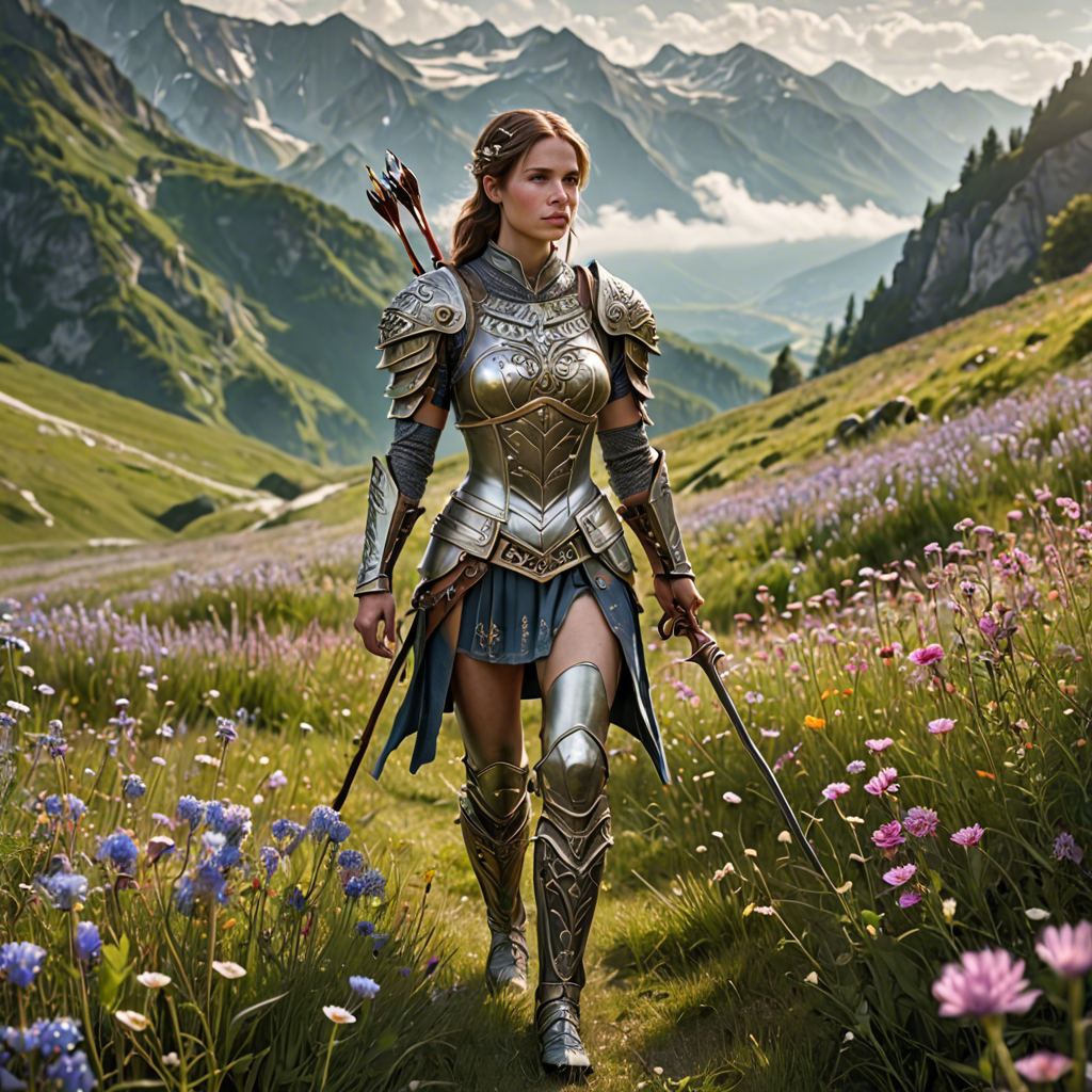 a woman archer in ornate fantasy armor, walking through a wildflower meadow in the alps, gentle morning mist, detailed — image 5