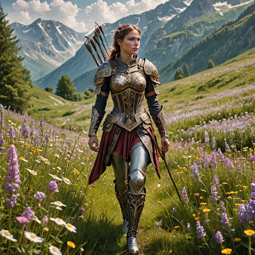 a woman archer in ornate fantasy armor, walking through a wildflower meadow in the alps, gentle morning mist, detailed — image 6