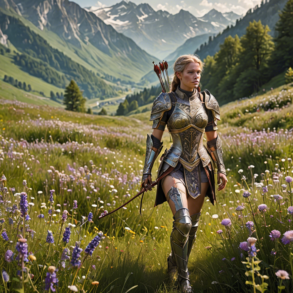 a woman archer in ornate fantasy armor, walking through a wildflower meadow in the alps, gentle morning mist, detailed — image 8
