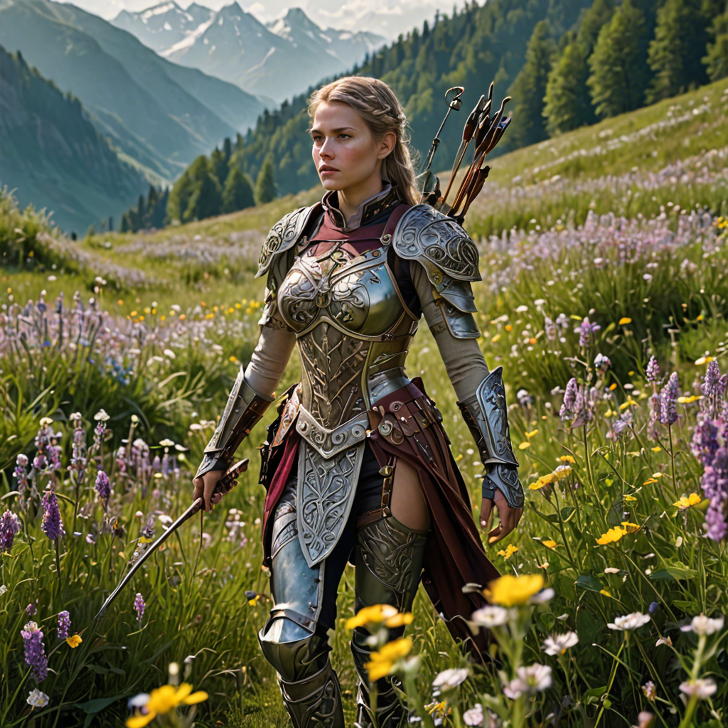 a woman archer in ornate fantasy armor, walking through a wildflower meadow in the alps, gentle morning mist, detailed — image 9