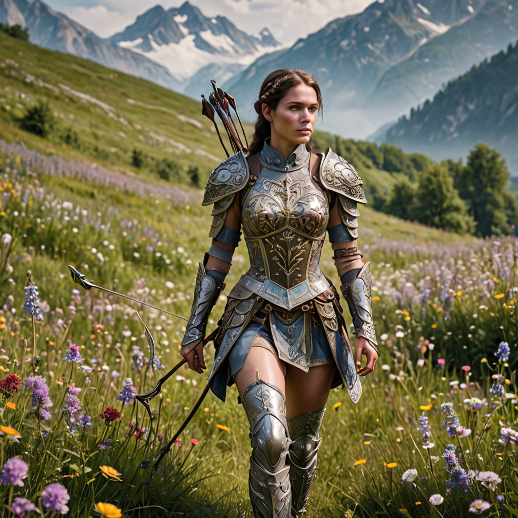 a woman archer in ornate fantasy armor, walking through a wildflower meadow in the alps, gentle morning mist, detailed — image 10