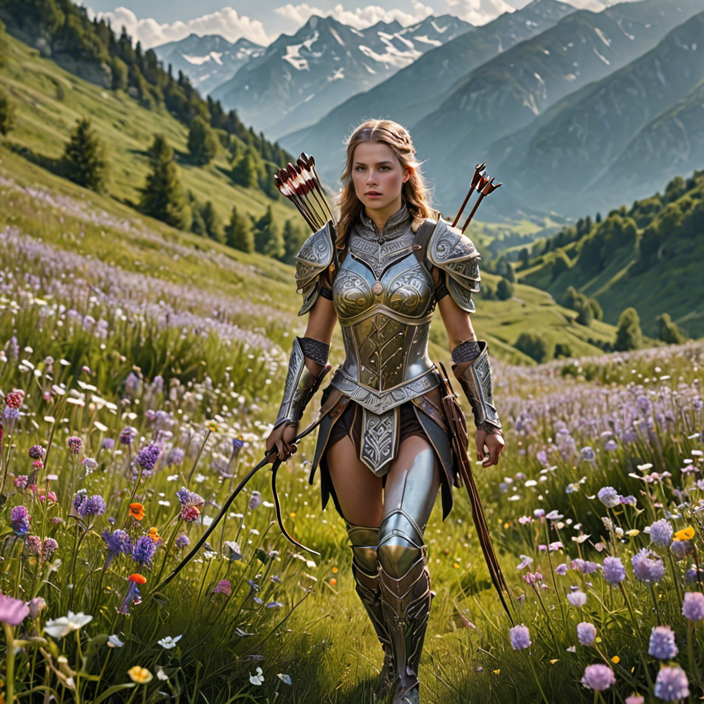 a woman archer in ornate fantasy armor, walking through a wildflower meadow in the alps, gentle morning mist, detailed — image 11