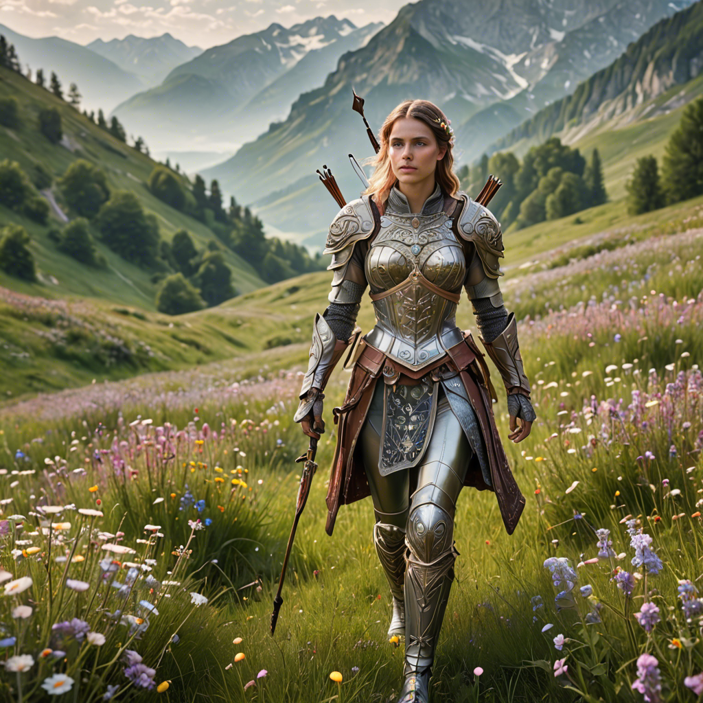 a woman archer in ornate fantasy armor, walking through a wildflower meadow in the alps, gentle morning mist, detailed — image 12