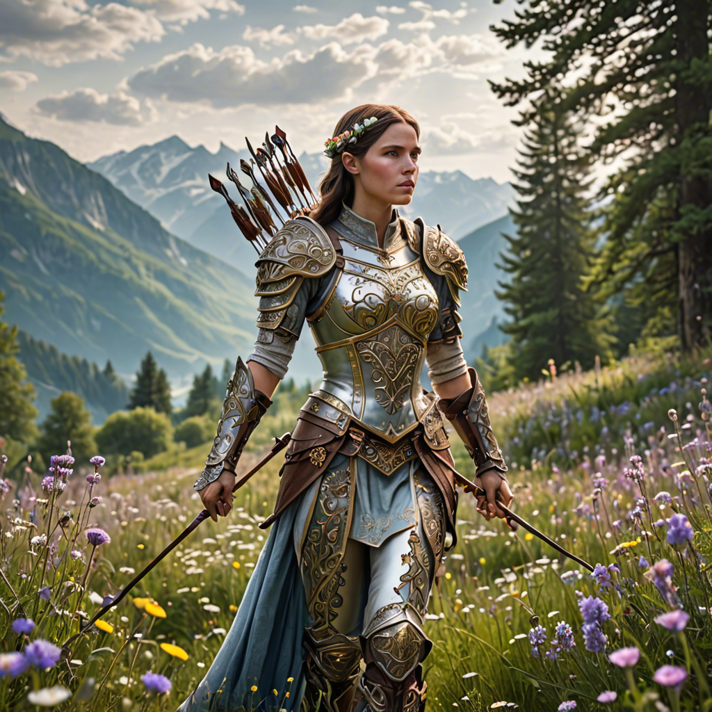 a woman archer in ornate fantasy armor, walking through a wildflower meadow in the alps, gentle morning mist, detailed — image 13