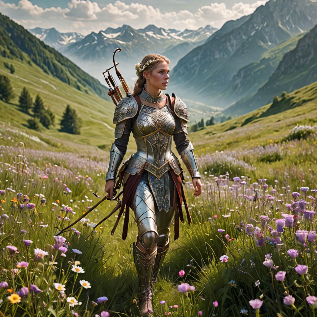 a woman archer in ornate fantasy armor, walking through a wildflower meadow in the alps, gentle morning mist, detailed — image 14