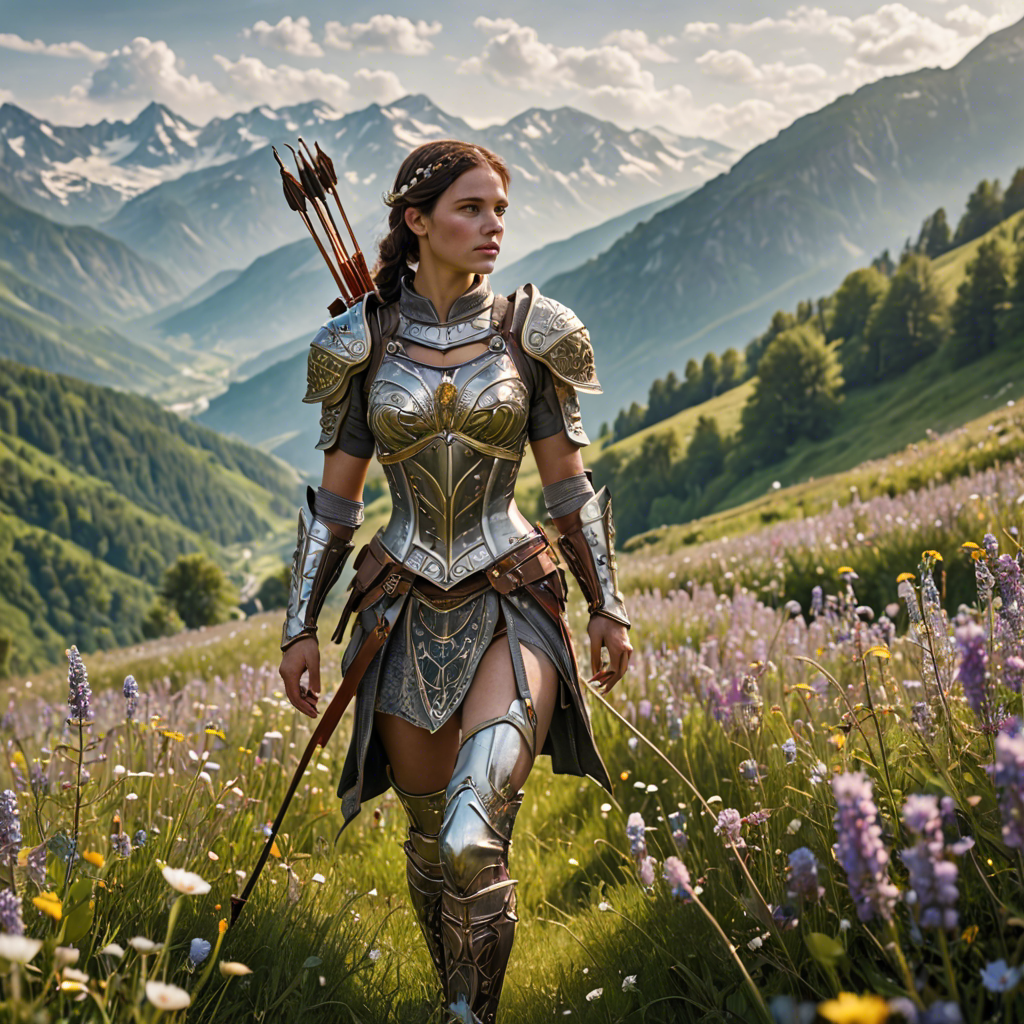 a woman archer in ornate fantasy armor, walking through a wildflower meadow in the alps, gentle morning mist, detailed — image 16
