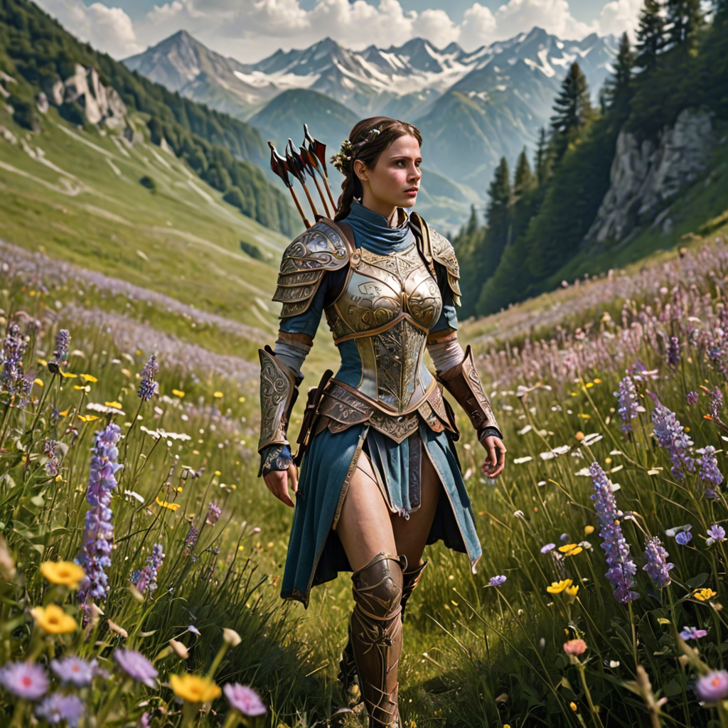 a woman archer in ornate fantasy armor, walking through a wildflower meadow in the alps, gentle morning mist, detailed — image 17