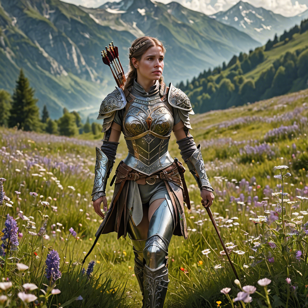 a woman archer in ornate fantasy armor, walking through a wildflower meadow in the alps, gentle morning mist, detailed — image 18
