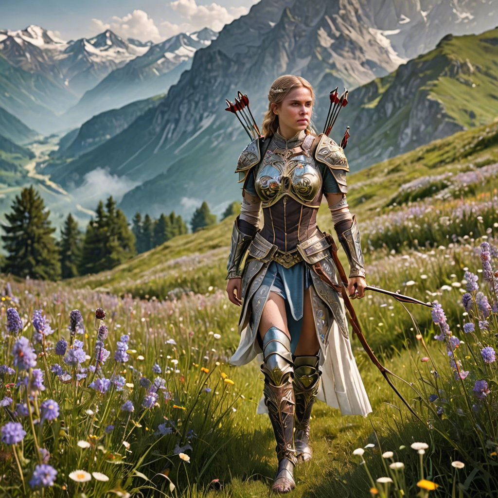 a woman archer in ornate fantasy armor, walking through a wildflower meadow in the alps, gentle morning mist, detailed — image 19
