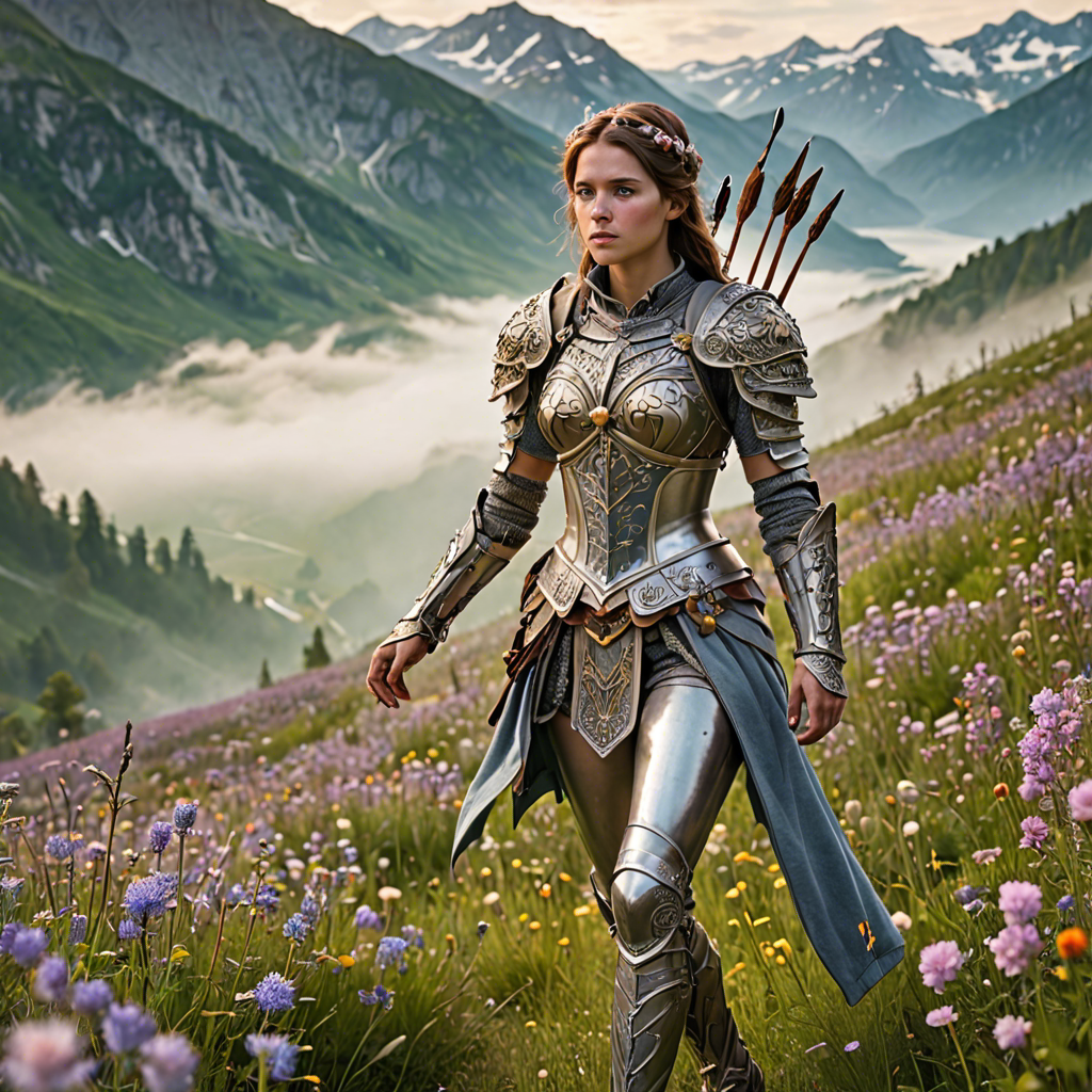 a woman archer in ornate fantasy armor, walking through a wildflower meadow in the alps, gentle morning mist, detailed — image 20