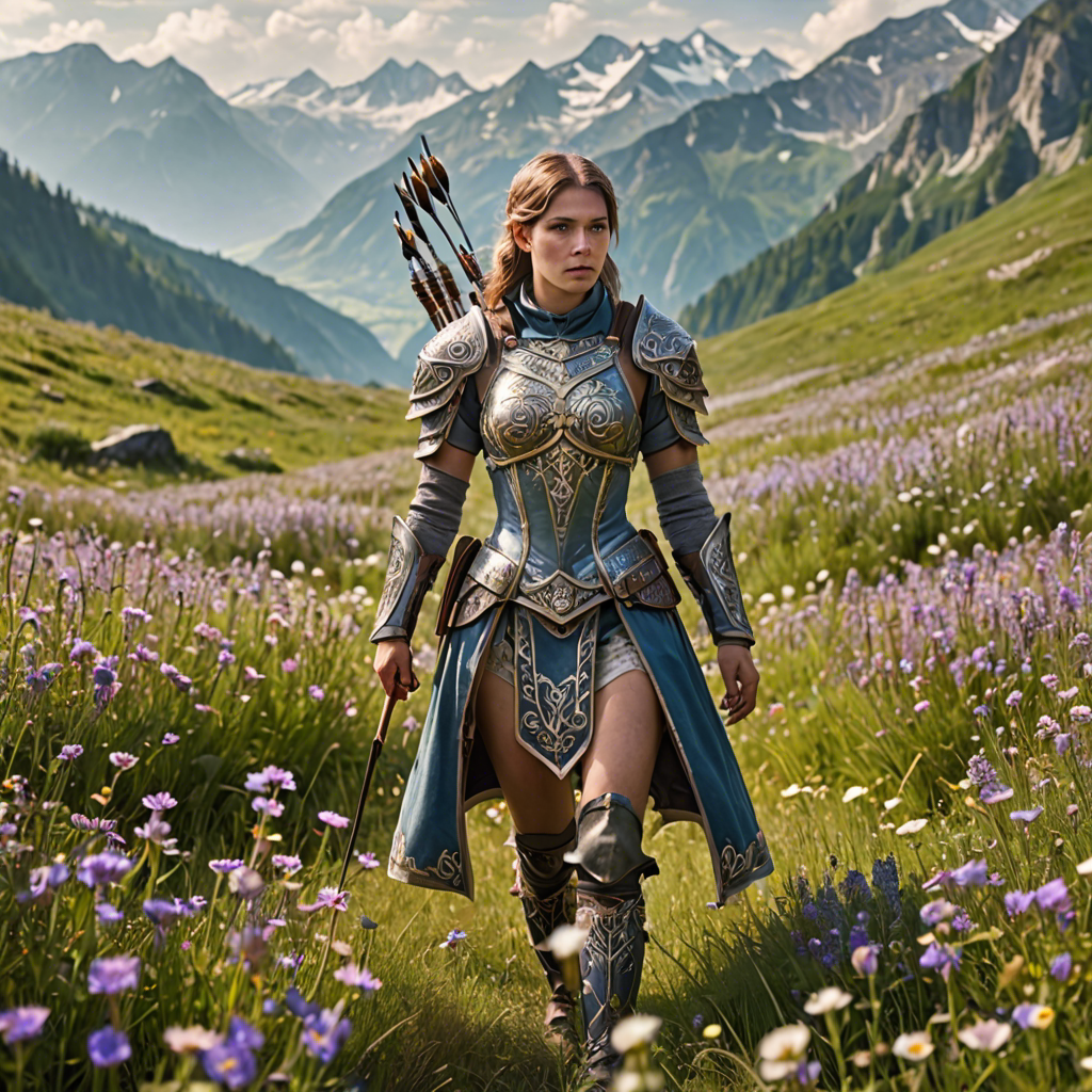 a woman archer in ornate fantasy armor, walking through a wildflower meadow in the alps, gentle morning mist, detailed — image 21
