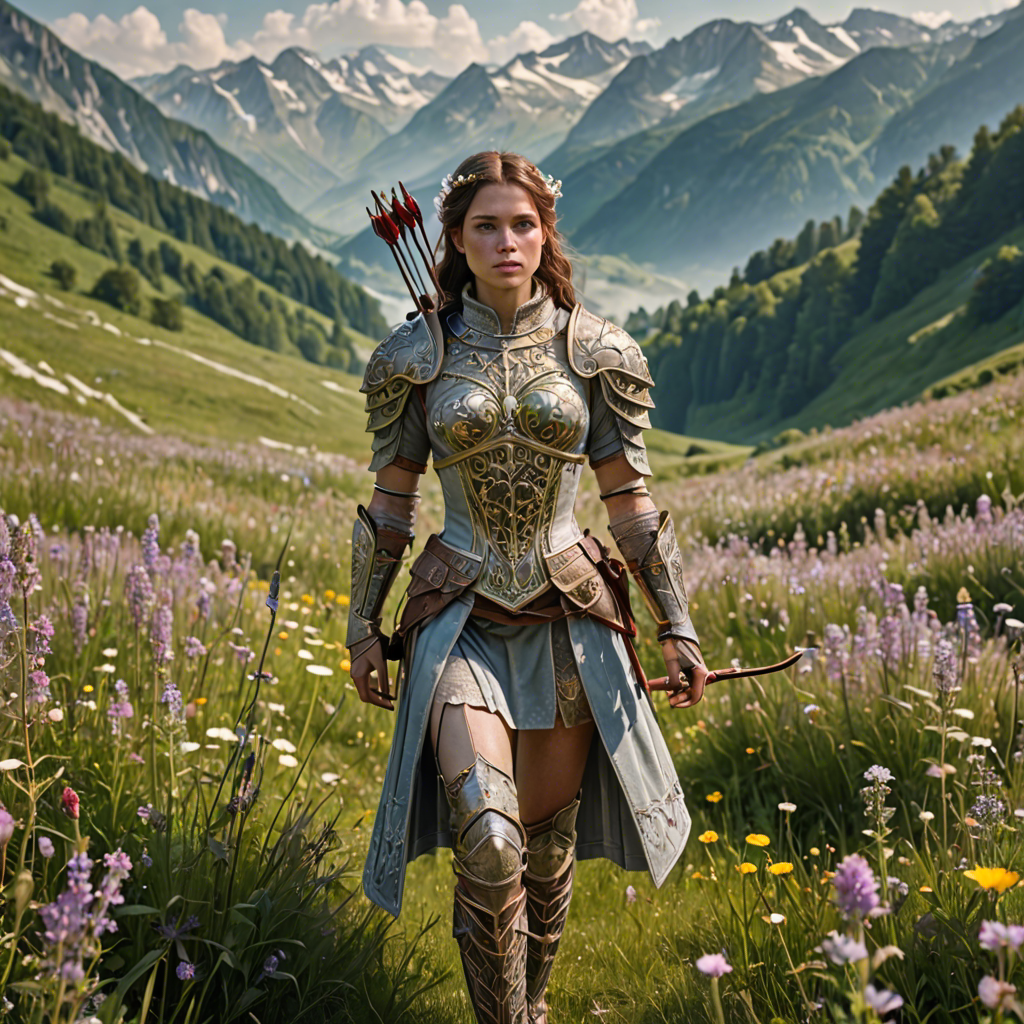 a woman archer in ornate fantasy armor, walking through a wildflower meadow in the alps, gentle morning mist, detailed — image 22