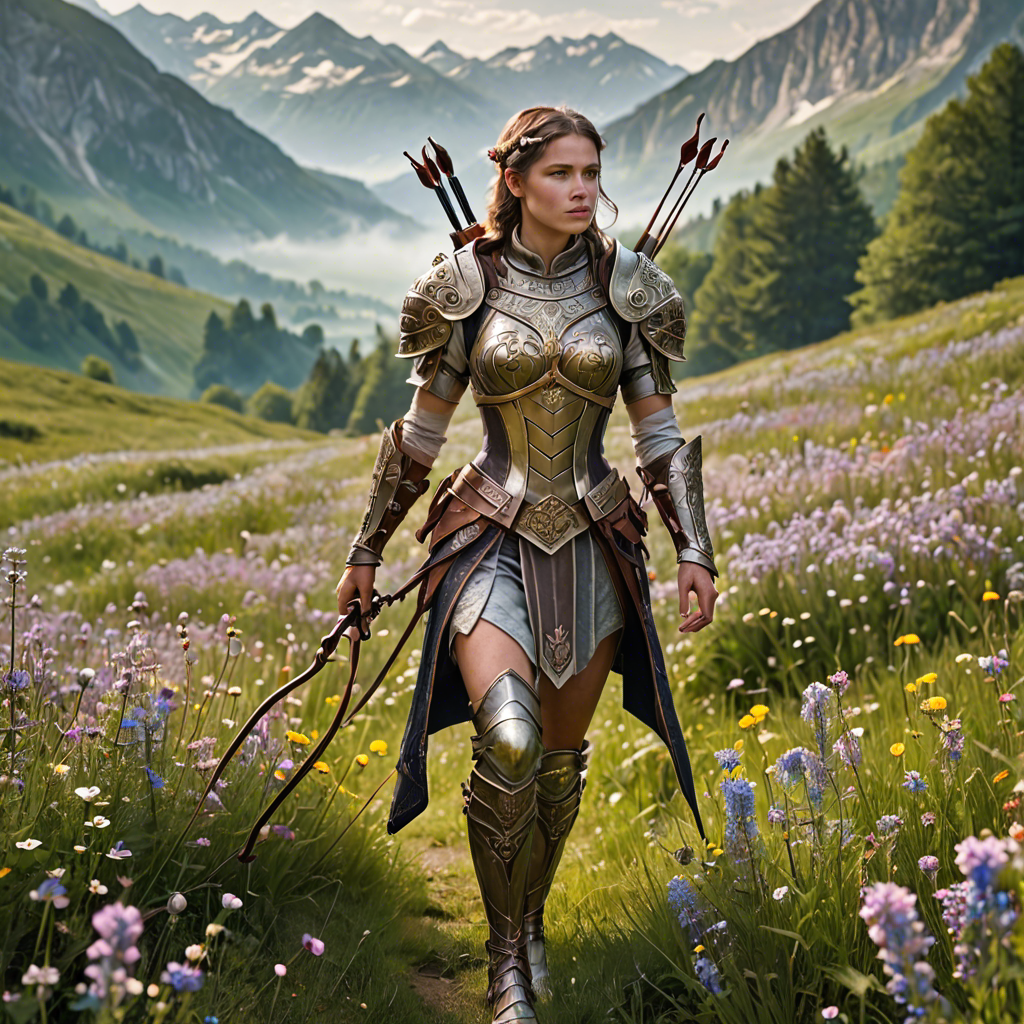 a woman archer in ornate fantasy armor, walking through a wildflower meadow in the alps, gentle morning mist, detailed — image 23