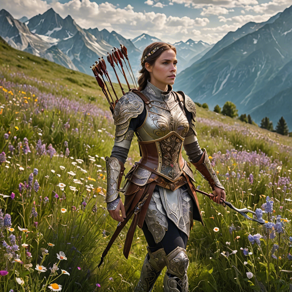 a woman archer in ornate fantasy armor, walking through a wildflower meadow in the alps, gentle morning mist, detailed — image 24