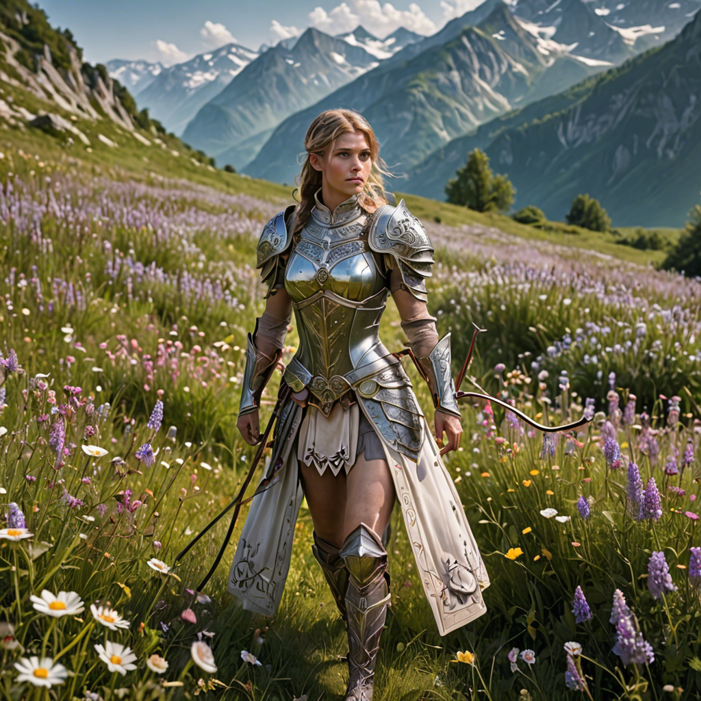 a woman archer in ornate fantasy armor, walking through a wildflower meadow in the alps, gentle morning mist, detailed — image 25