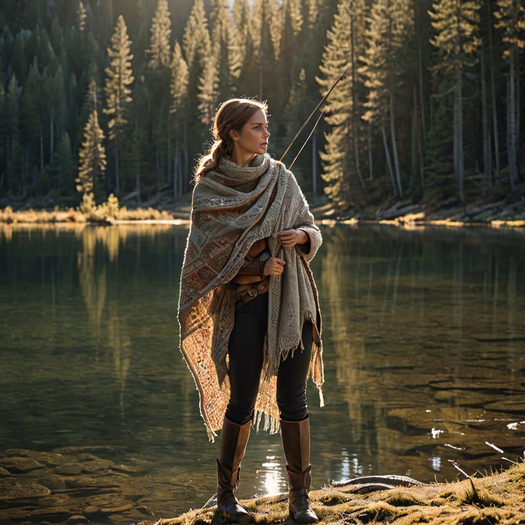 a woman archer wrapped in a warm woolen scarf, standing in a mountain lake surrounded by pines, gentle backlight, detailed — image 1