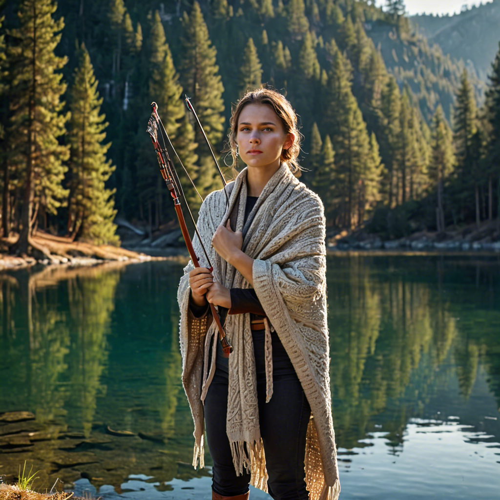 a woman archer wrapped in a warm woolen scarf, standing in a mountain lake surrounded by pines, gentle backlight, detailed — image 2