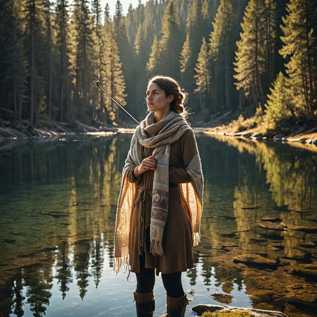 a woman archer wrapped in a warm woolen scarf, standing in a mountain lake surrounded by pines, gentle backlight, detailed — image 3