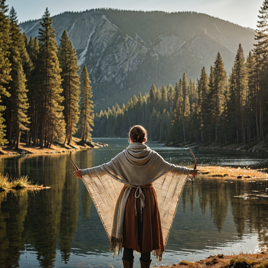 a woman archer wrapped in a warm woolen scarf, standing in a mountain lake surrounded by pines, gentle backlight, detailed — image 4