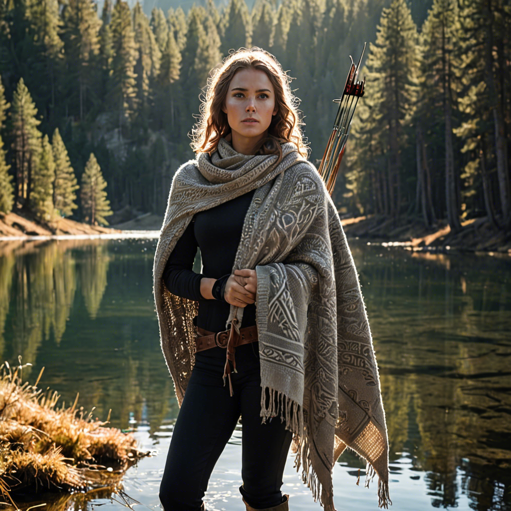 a woman archer wrapped in a warm woolen scarf, standing in a mountain lake surrounded by pines, gentle backlight, detailed — image 5