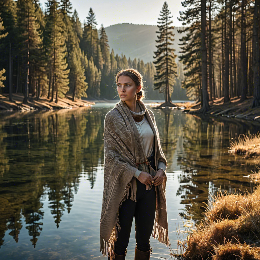 a woman archer wrapped in a warm woolen scarf, standing in a mountain lake surrounded by pines, gentle backlight, detailed — image 6
