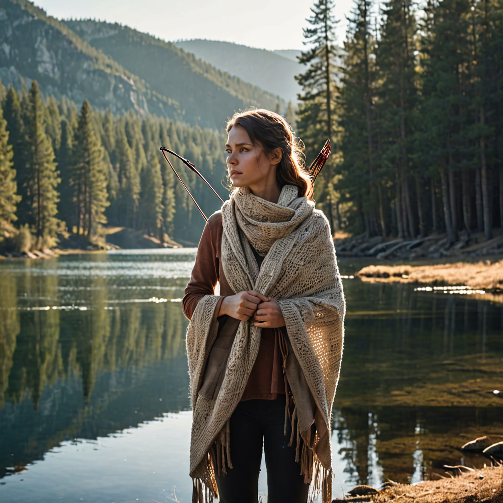 a woman archer wrapped in a warm woolen scarf, standing in a mountain lake surrounded by pines, gentle backlight, detailed — image 7
