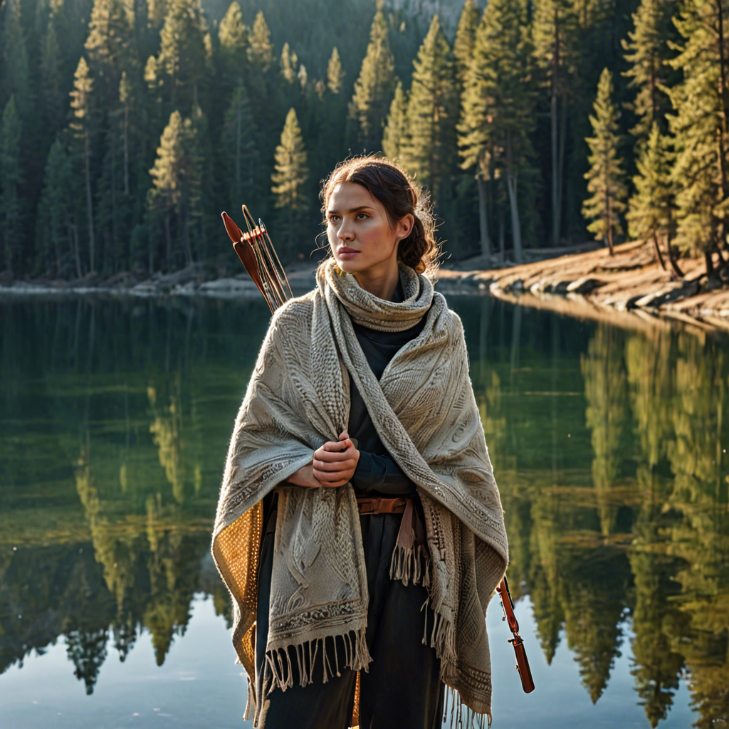 a woman archer wrapped in a warm woolen scarf, standing in a mountain lake surrounded by pines, gentle backlight, detailed — image 8