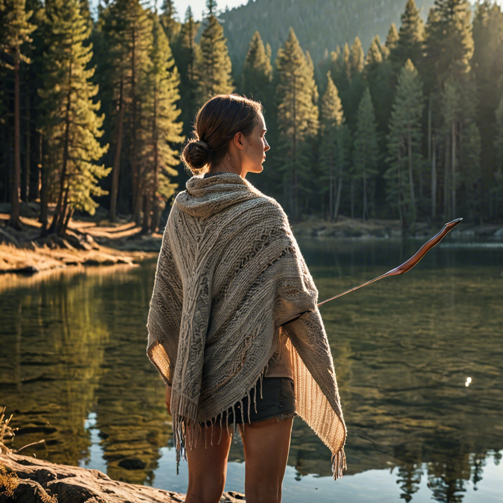 a woman archer wrapped in a warm woolen scarf, standing in a mountain lake surrounded by pines, gentle backlight, detailed — image 9