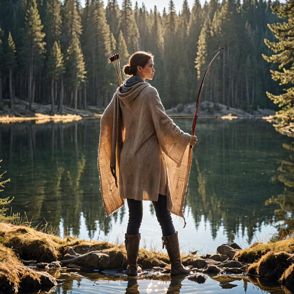 a woman archer wrapped in a warm woolen scarf, standing in a mountain lake surrounded by pines, gentle backlight, detailed — image 10