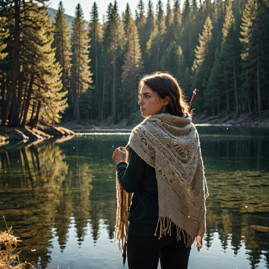 a woman archer wrapped in a warm woolen scarf, standing in a mountain lake surrounded by pines, gentle backlight, detailed — image 11