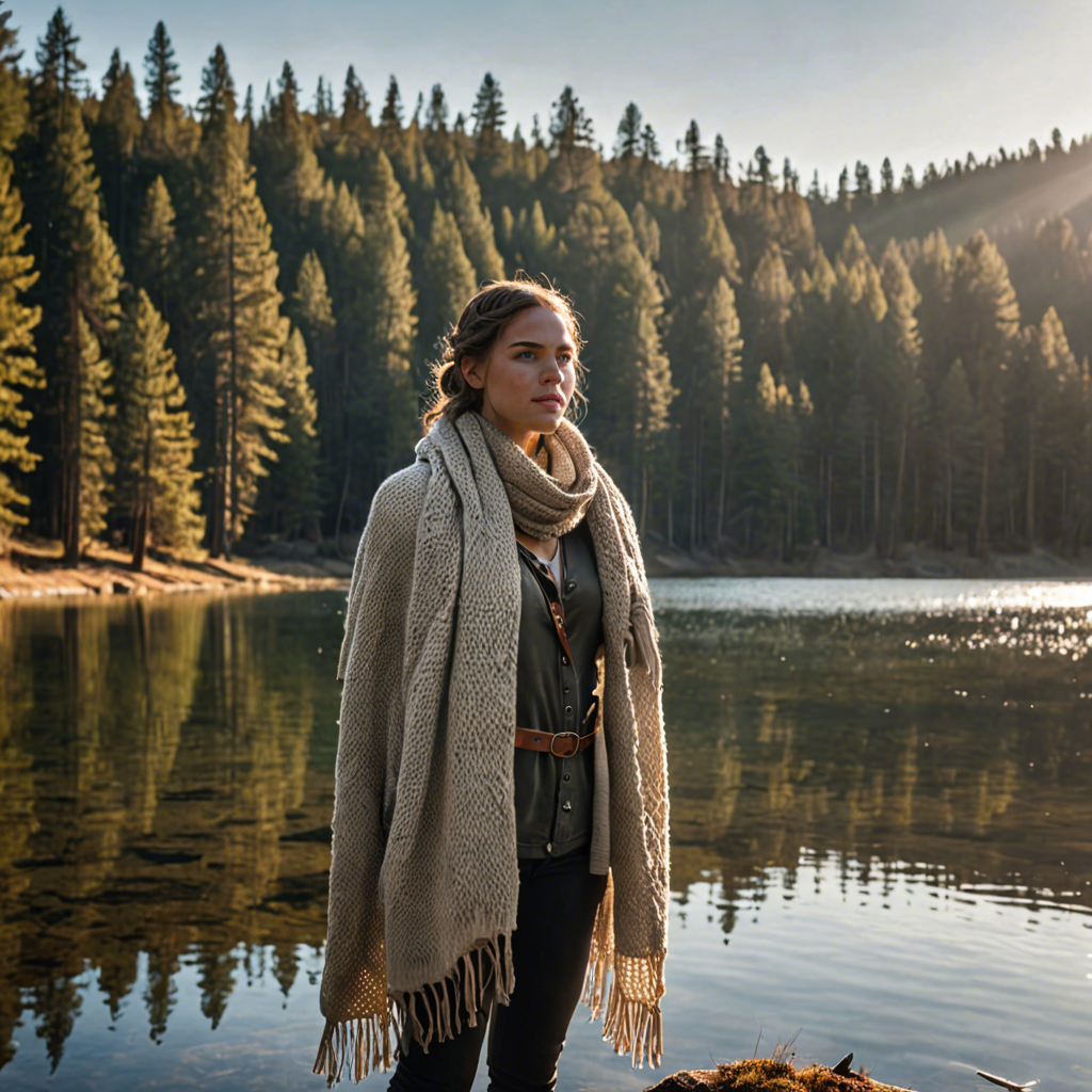 a woman archer wrapped in a warm woolen scarf, standing in a mountain lake surrounded by pines, gentle backlight, detailed — image 12