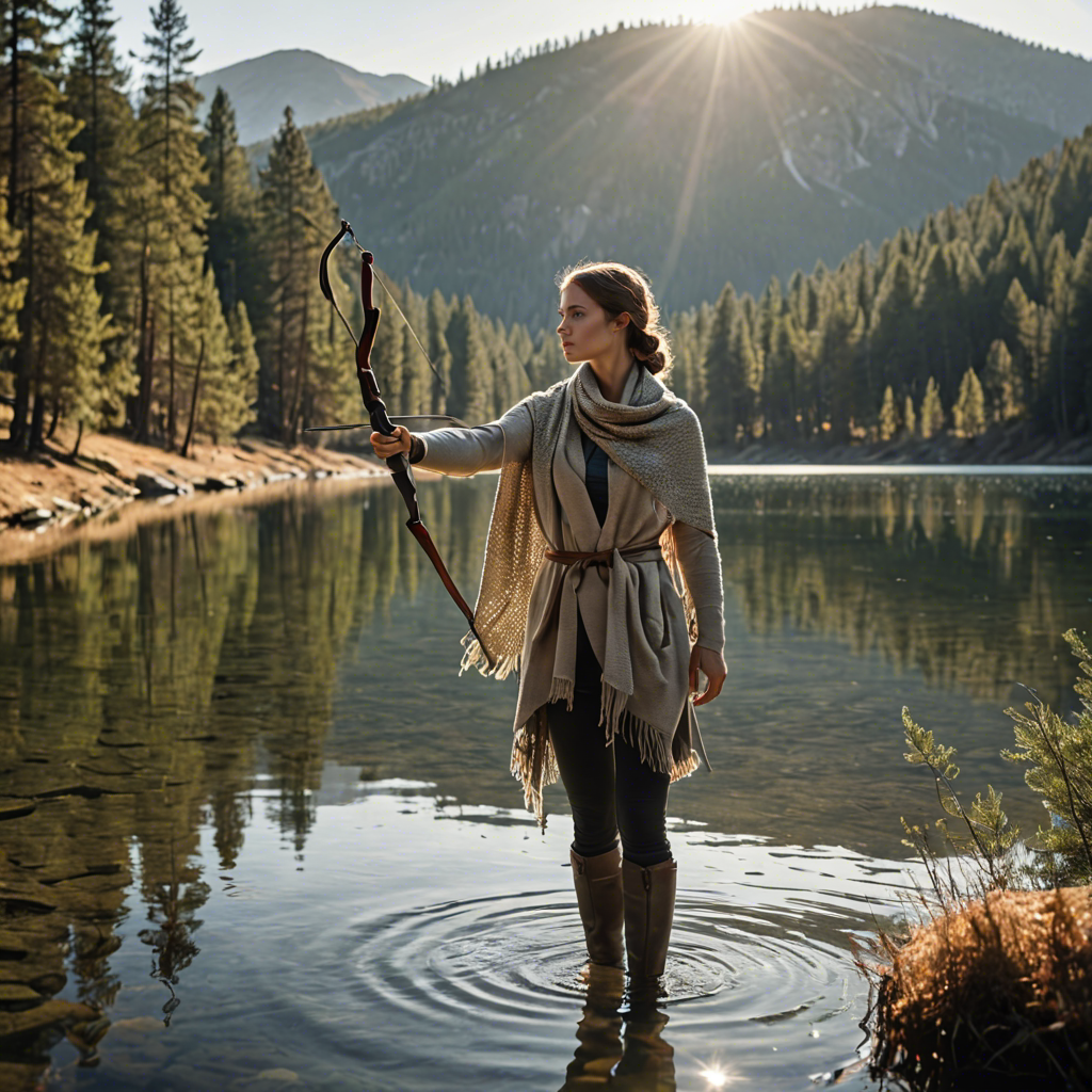 a woman archer wrapped in a warm woolen scarf, standing in a mountain lake surrounded by pines, gentle backlight, detailed — image 13