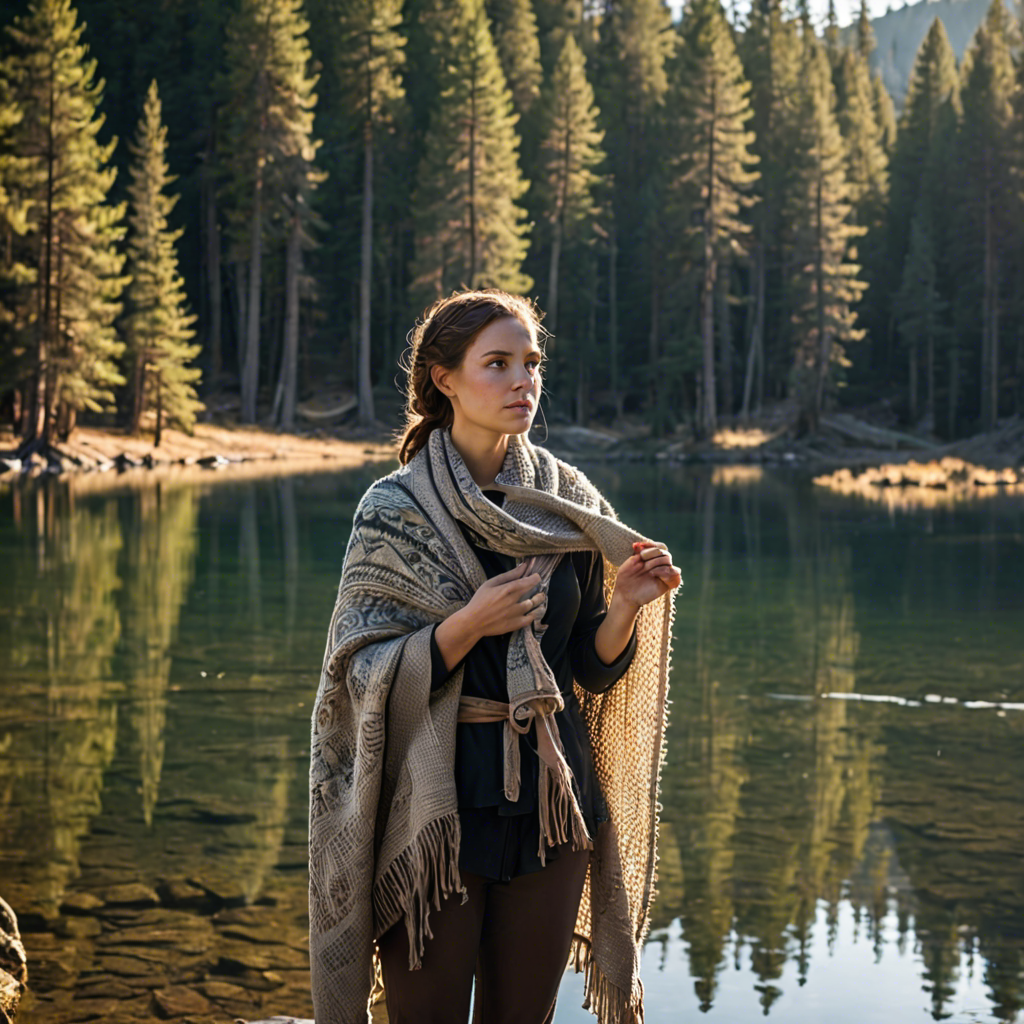 a woman archer wrapped in a warm woolen scarf, standing in a mountain lake surrounded by pines, gentle backlight, detailed — image 14